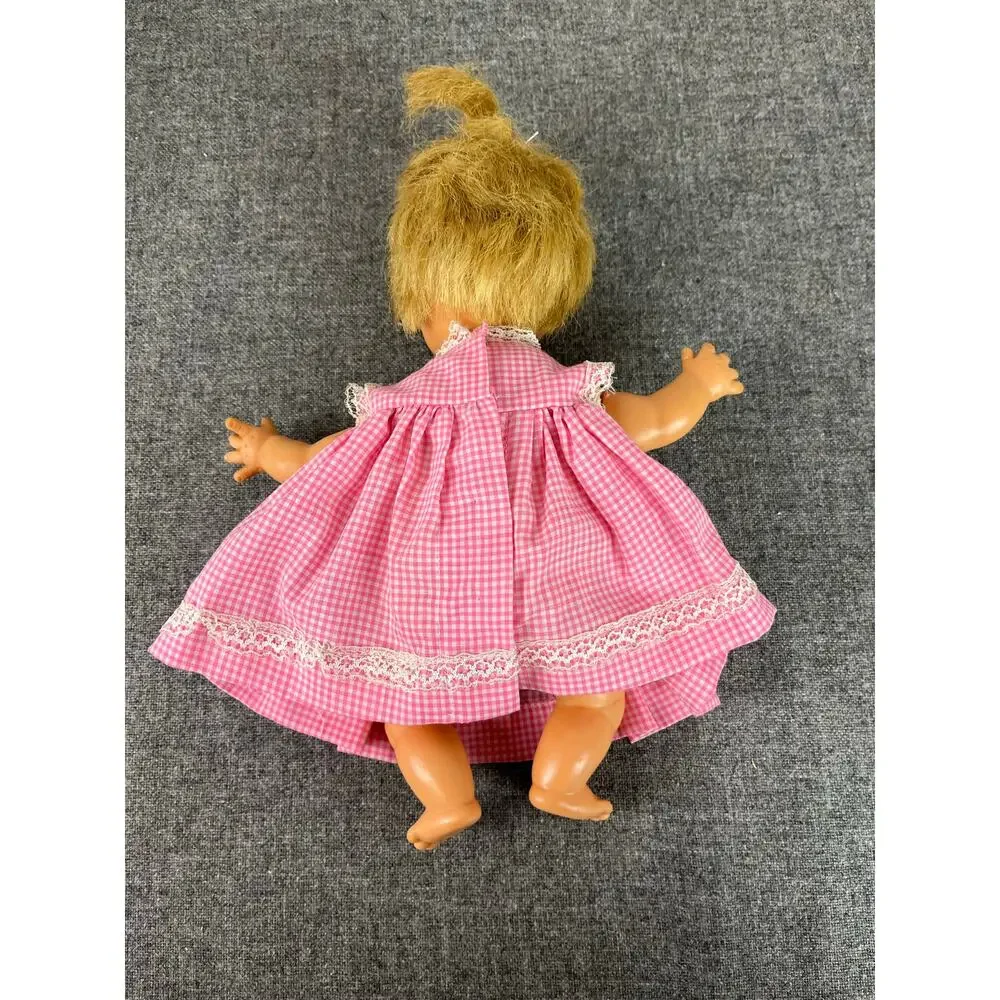 HORSMAN 1968 Vintage Baby DOLL Blonde Blue Eyes PINK Gingham Dress 10.5 Inch